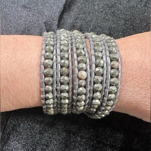 Chan Luu Gray Leather Pyrite Wrap Bracelet 5-Wrap 925 Silver Button + Pouch 35"